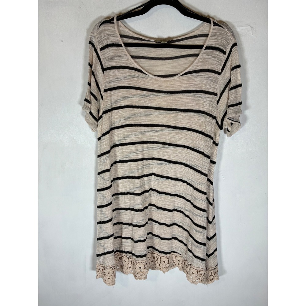 OneA 1X XL Striped Lace Hem Tunic Top Shirt Cream Black Semi Sheer Boho